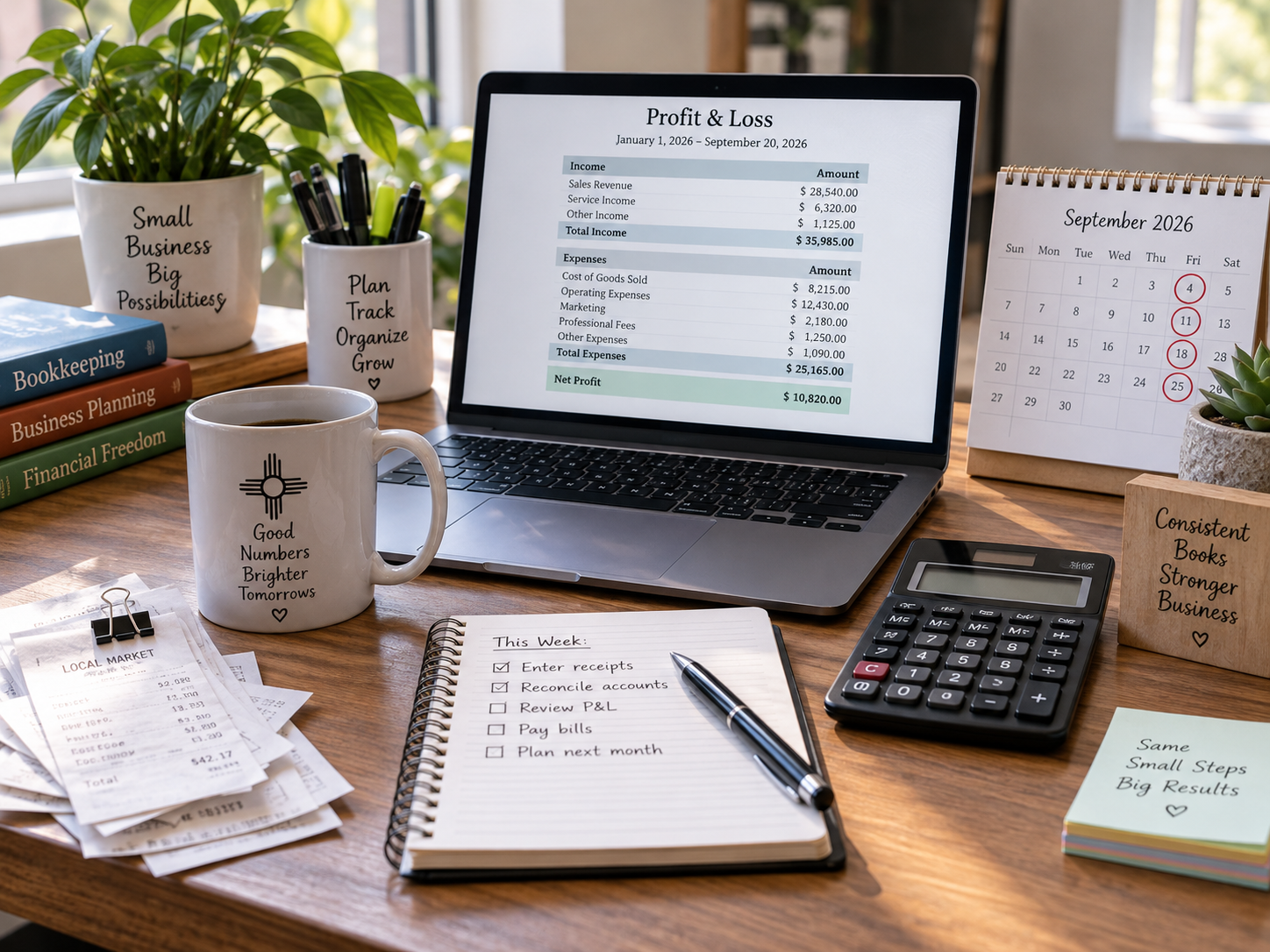 Small-business owner reviewing bookkeeping records and quarterly estimated tax dates.