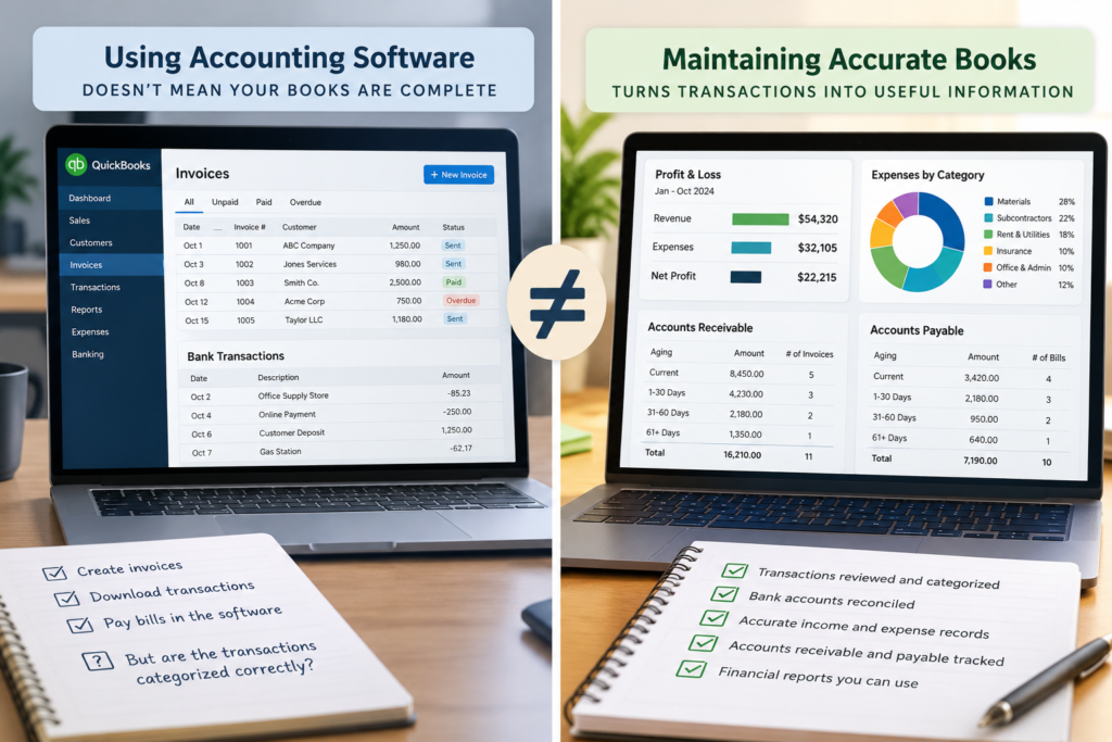Comparison between using accounting software and maintaining accurate small-business bookkeeping records.