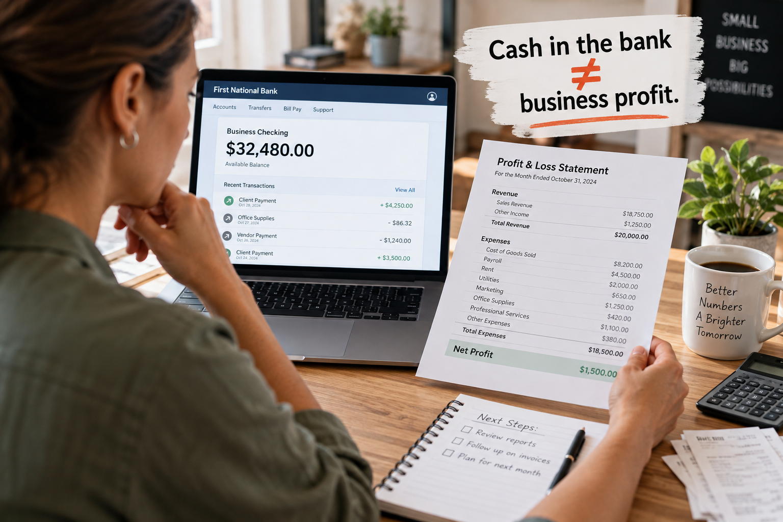 Small-business owner comparing bank balance with profit and loss statement